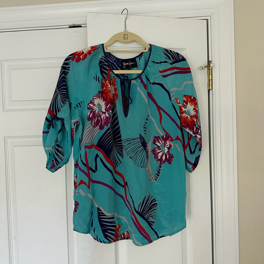 Yumi Kim Green Pink Graphic 3/4 Sleeve Blouse